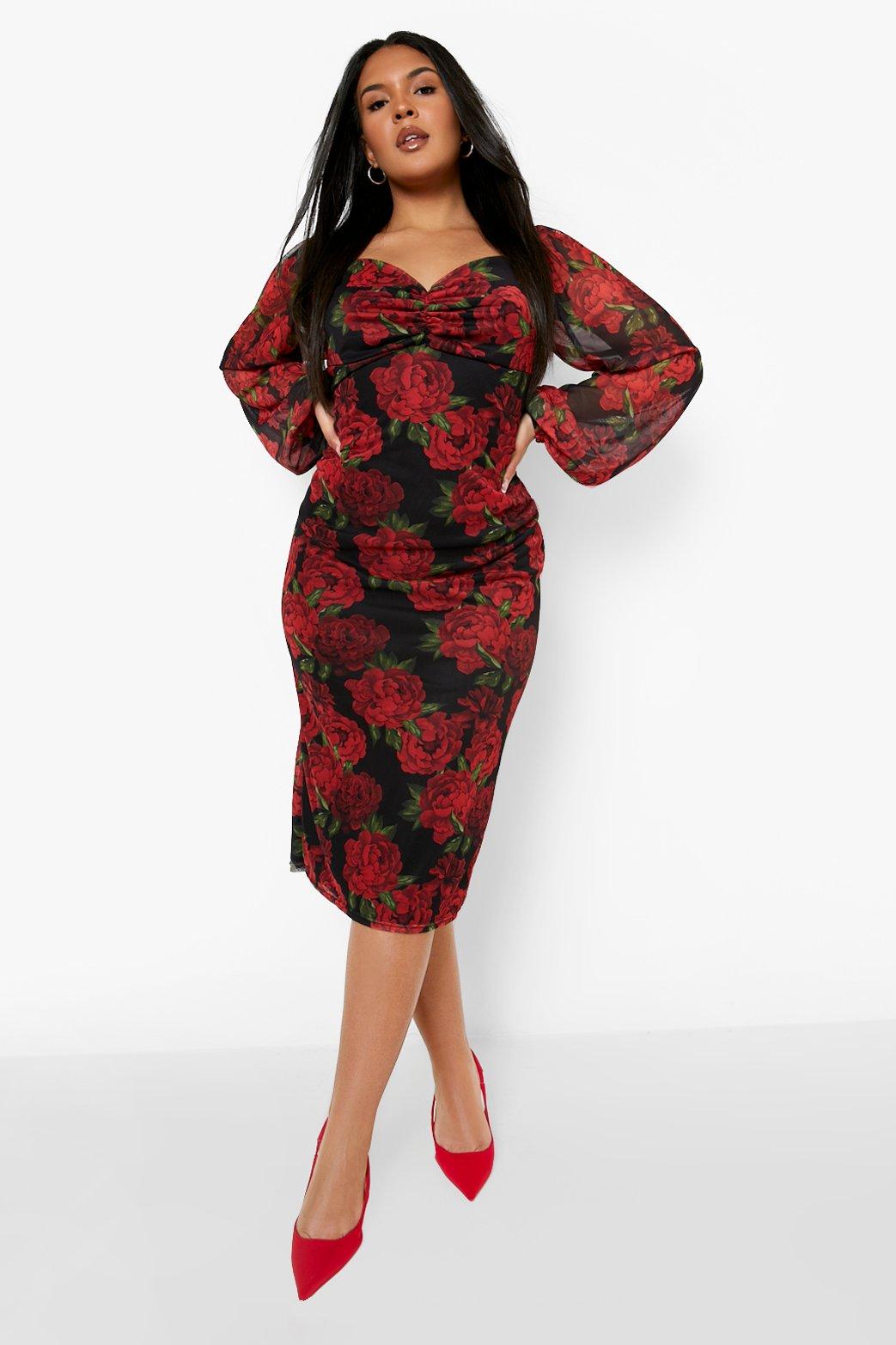 Women's Plus Rose Print Mesh Midi Dress ...