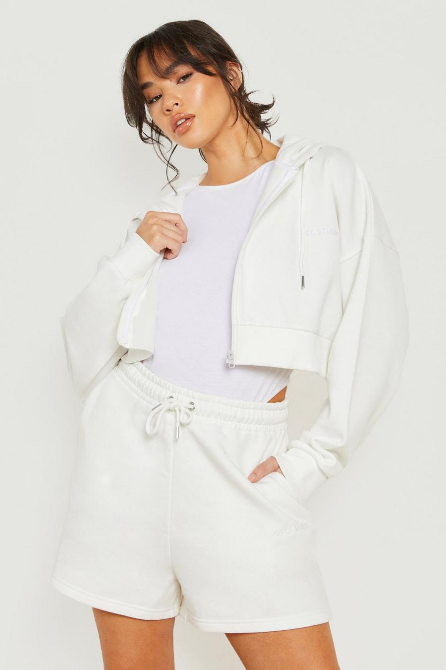 Ecru white Crop Zip Through Hoodie with REEL Cotton