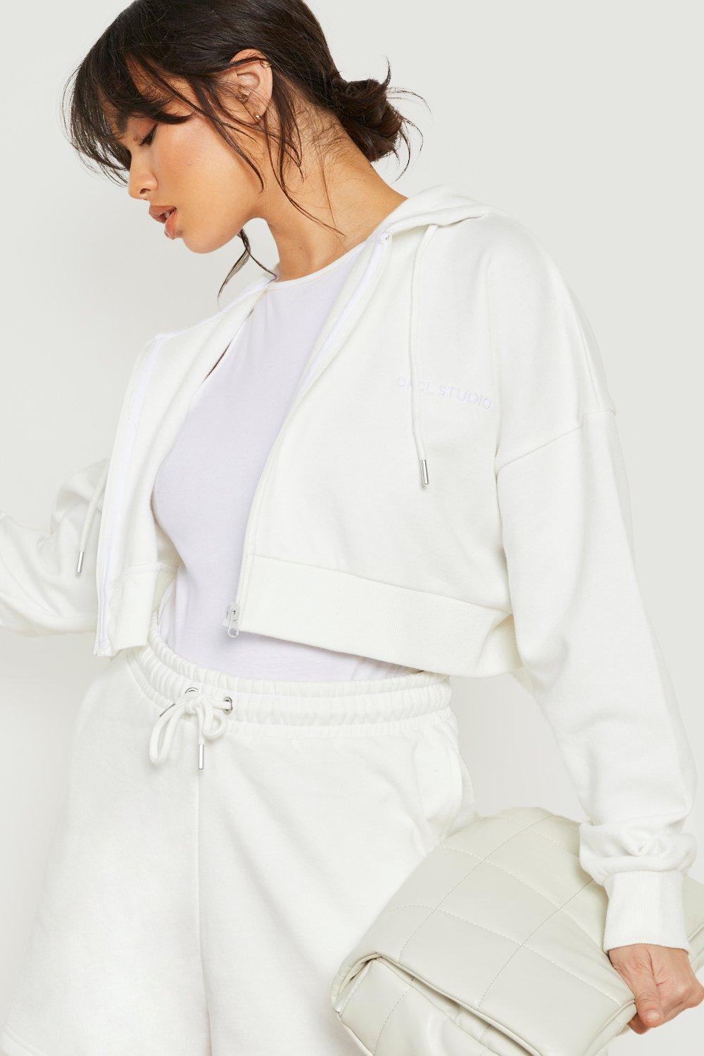 White cropped shop zip up hoodie