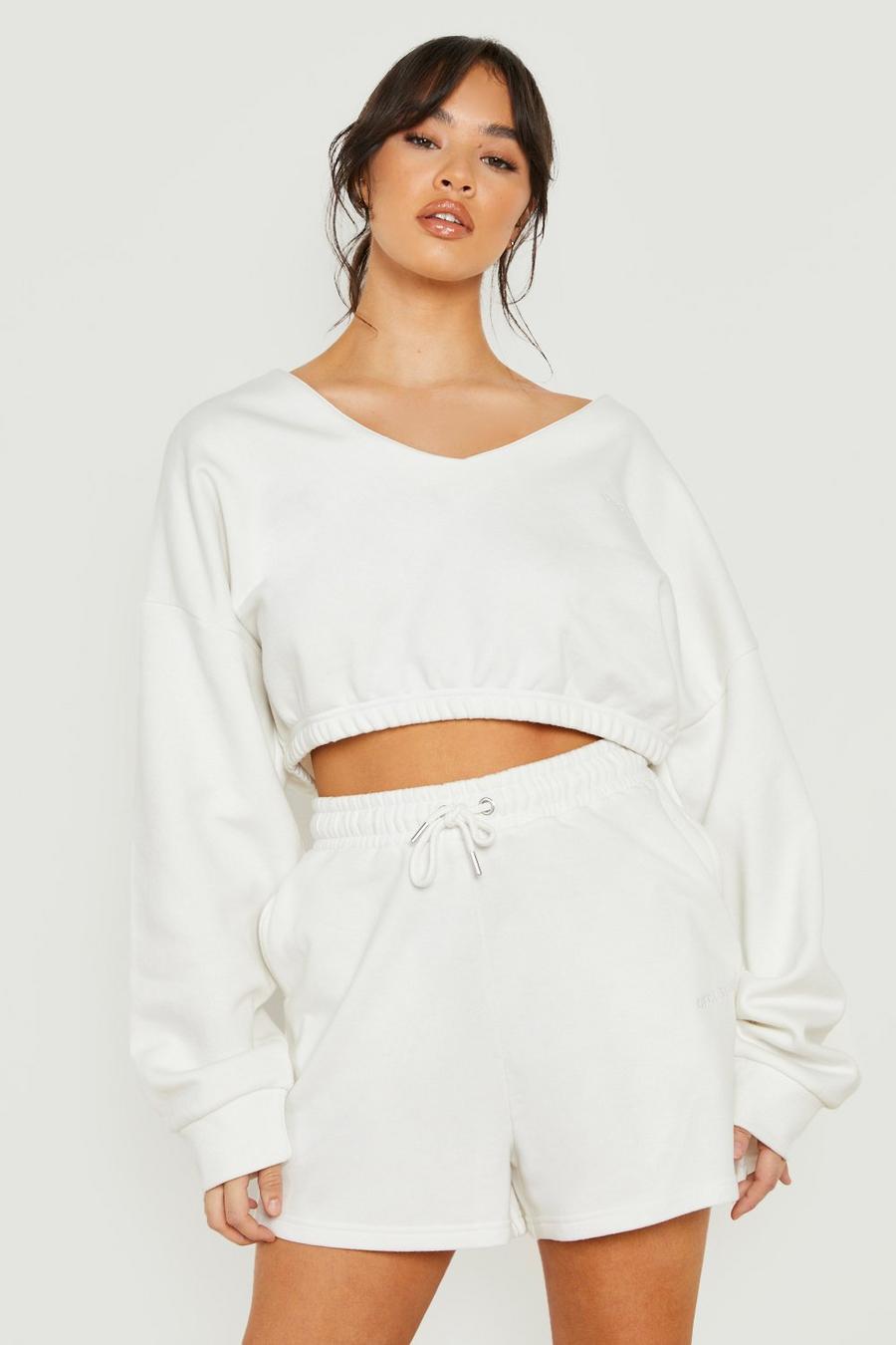 Ecru white  V Neck Crop Sweater Short Tracksuit with REEL cotton