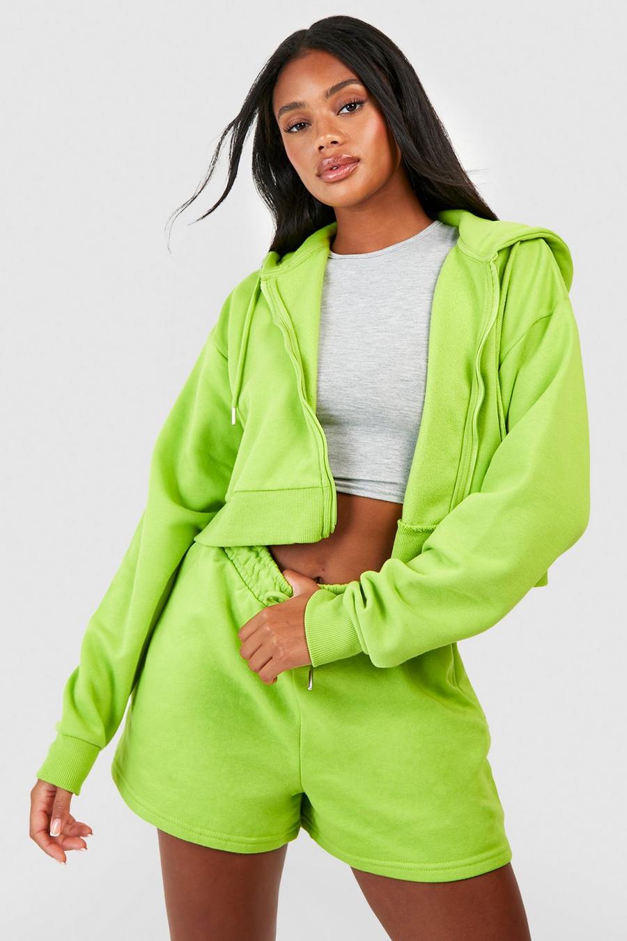 Lime Croppad hoodie med dragkedja och mjukisshorts