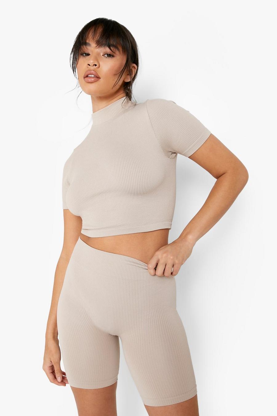 Taupe Seamless Ribbed Sculpt Cycling Short  image number 1