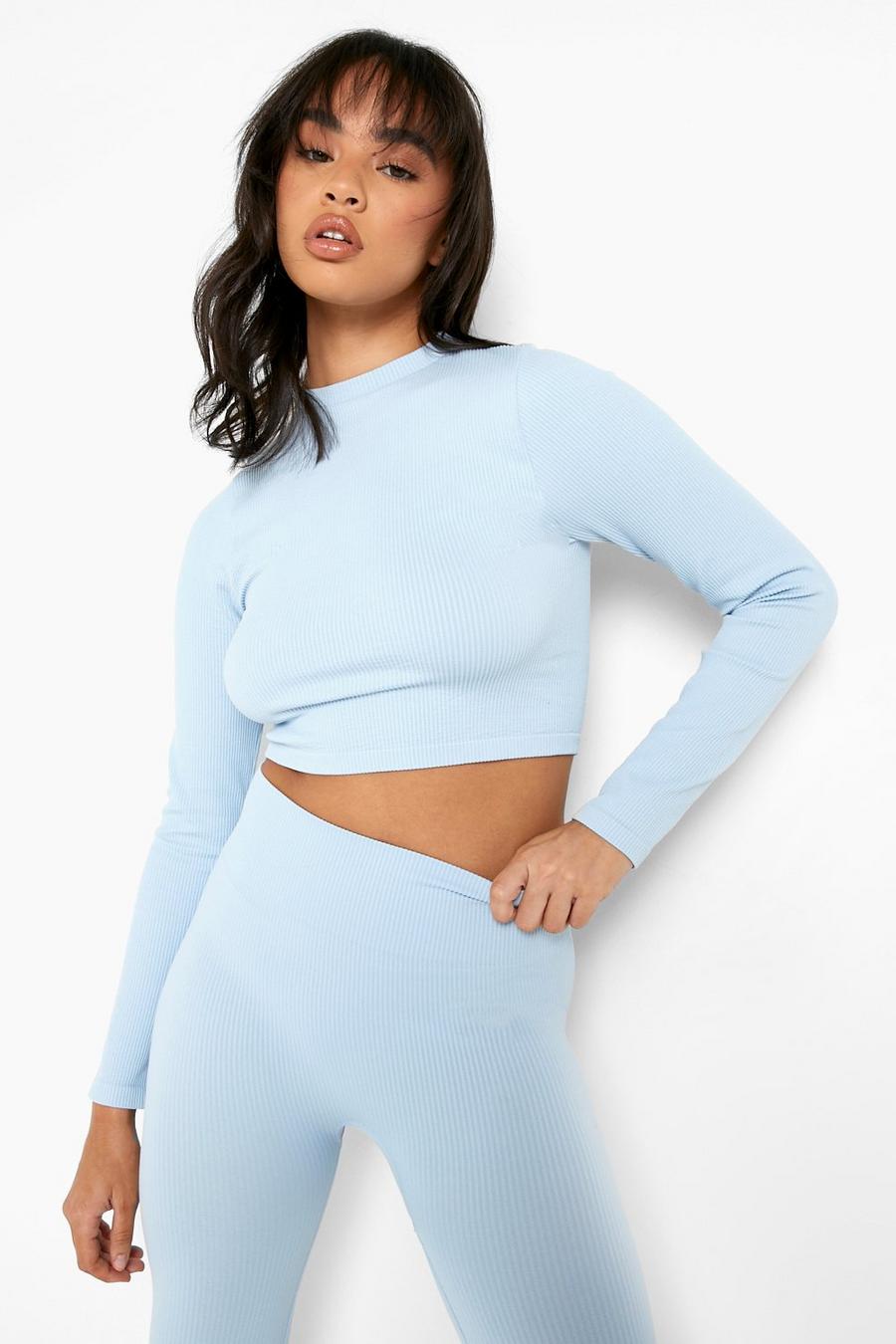 Baby blue Rib Seamless Long Sleeve Top image number 1