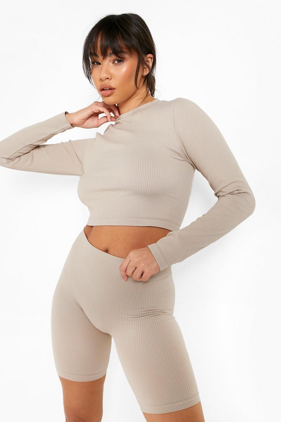 Taupe Rib Seamless Long Sleeve Top image number 1