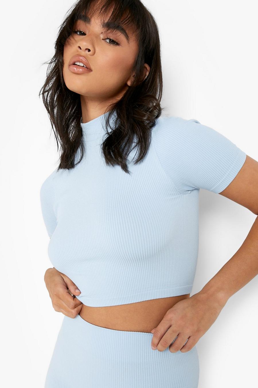 Baby blue Ribbed Seamless High Neck Top image number 1
