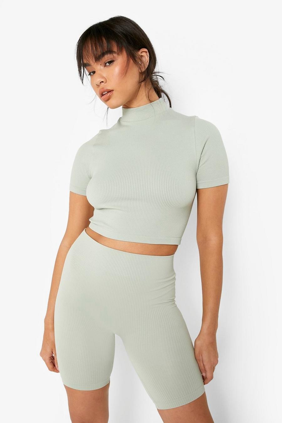 Sage Ribbed Seamless High Neck Top image number 1