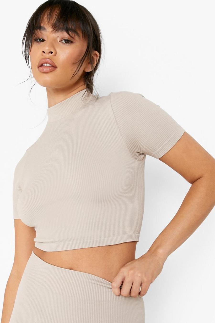 Taupe Ribbed Seamless High Neck Top image number 1