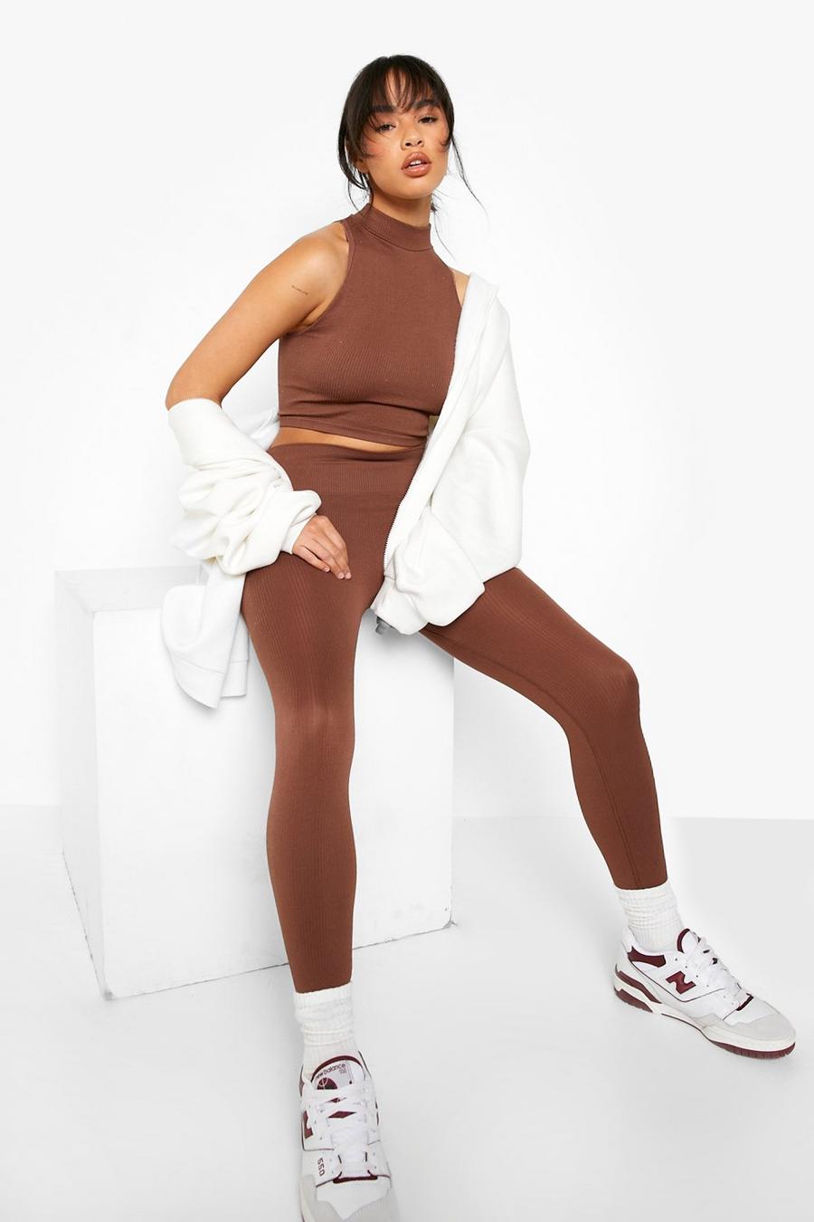Chocolate brown Ribbade sömlösa leggings i återvunnet tyg