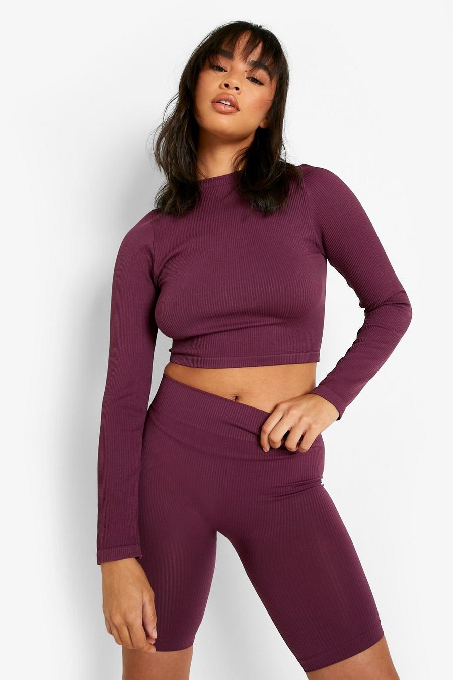 Purple Seamless Ribbed Cycling Short  image number 1