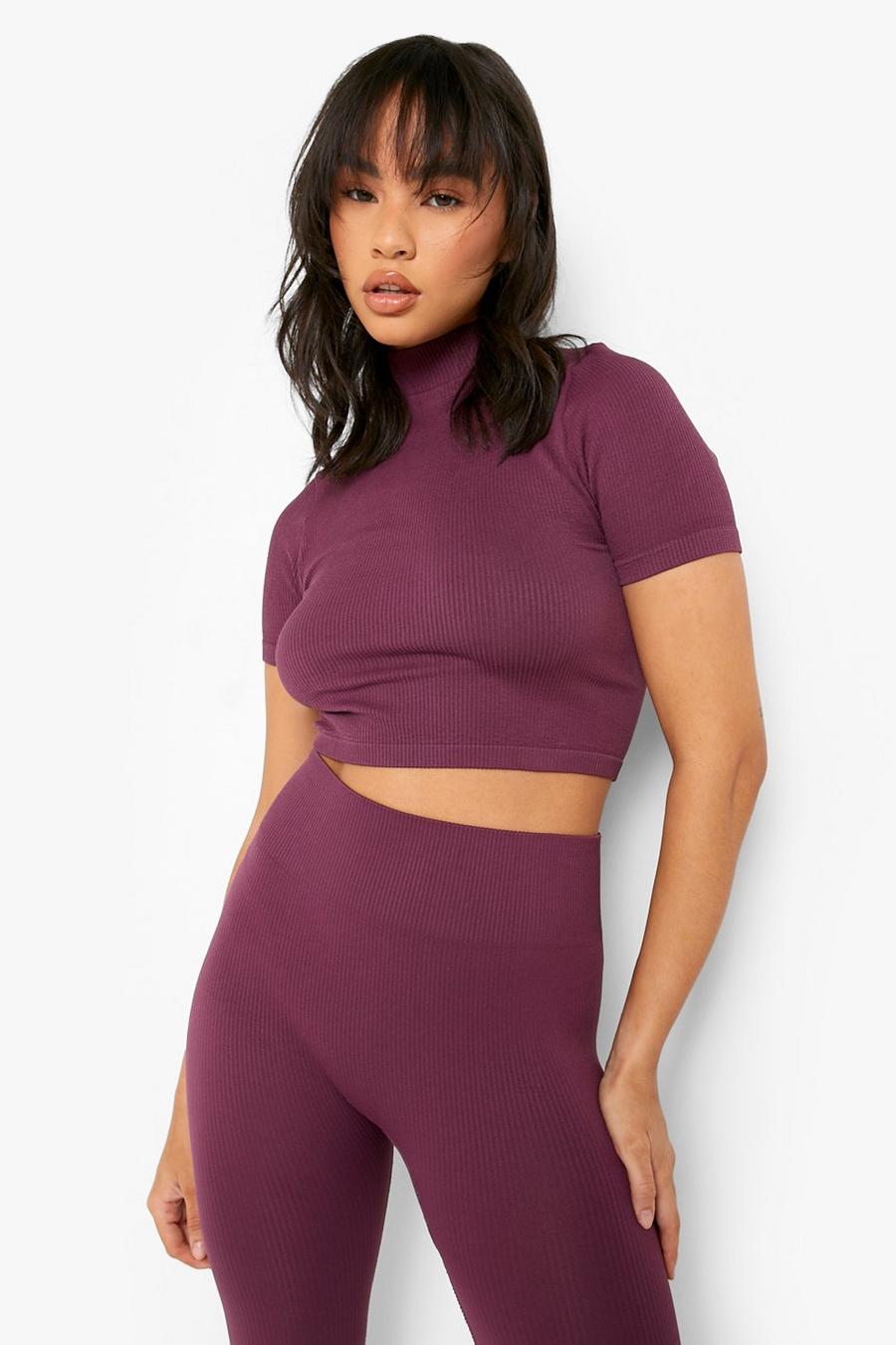 Purple Ribbed Seamless High Neck Top image number 1