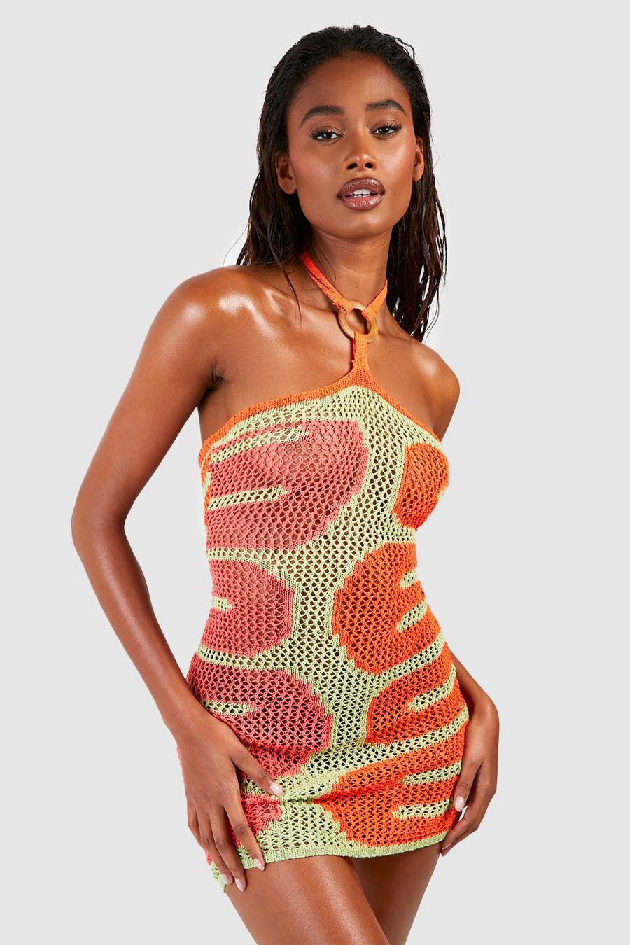 Orange Crochet Halter Neck Square Ring Beach Dress image number 1
