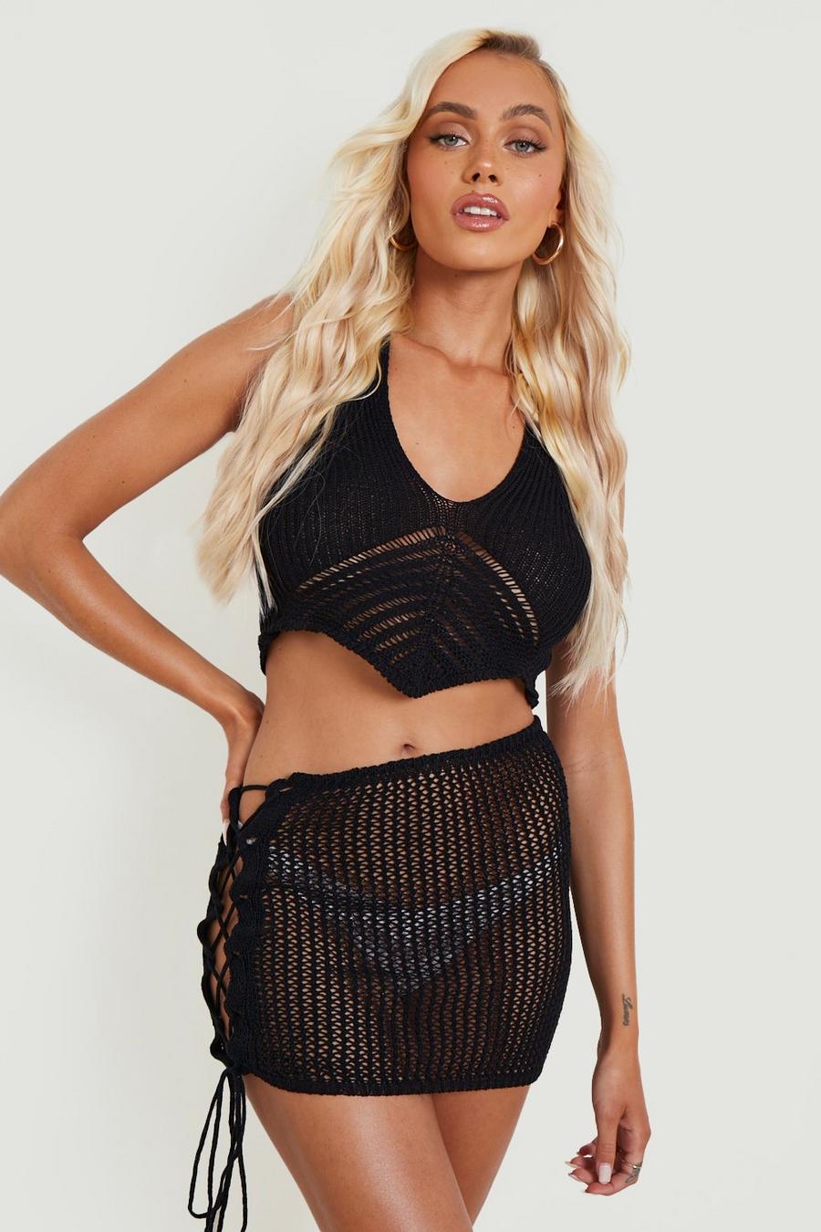 Black noir Crochet Tassel Tie Mini Beach Skirt 