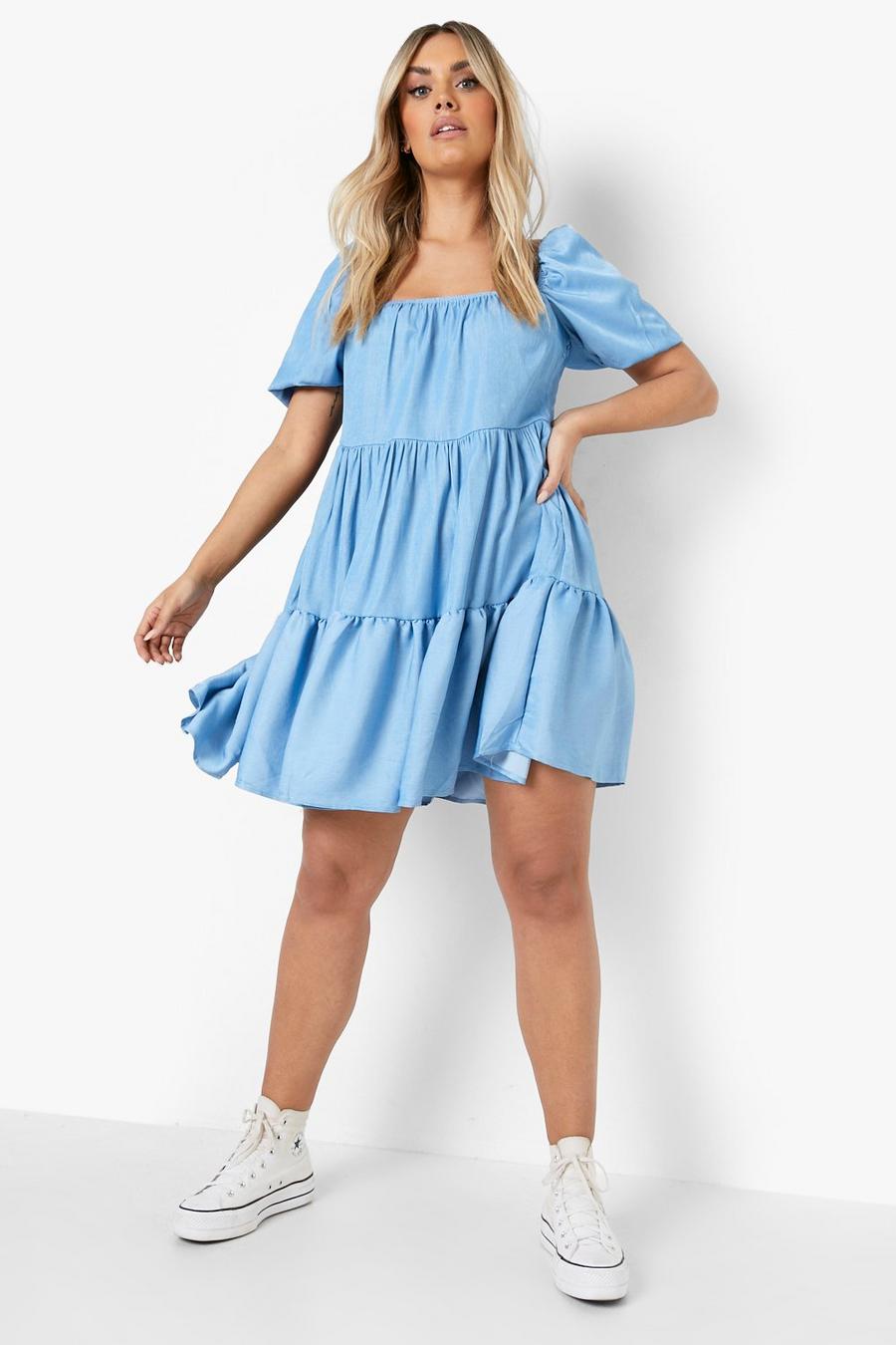 Plus Smok-Kleid mit geradem Ausschnitt, Denim-blue bleu