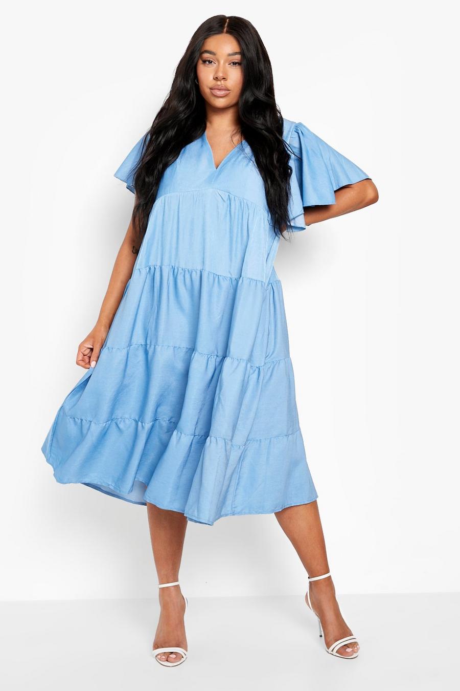 Denim-blue שמלת מידי שמבריי מבד שיפון עם שרוולי מלאך, מידות גדולות image number 1