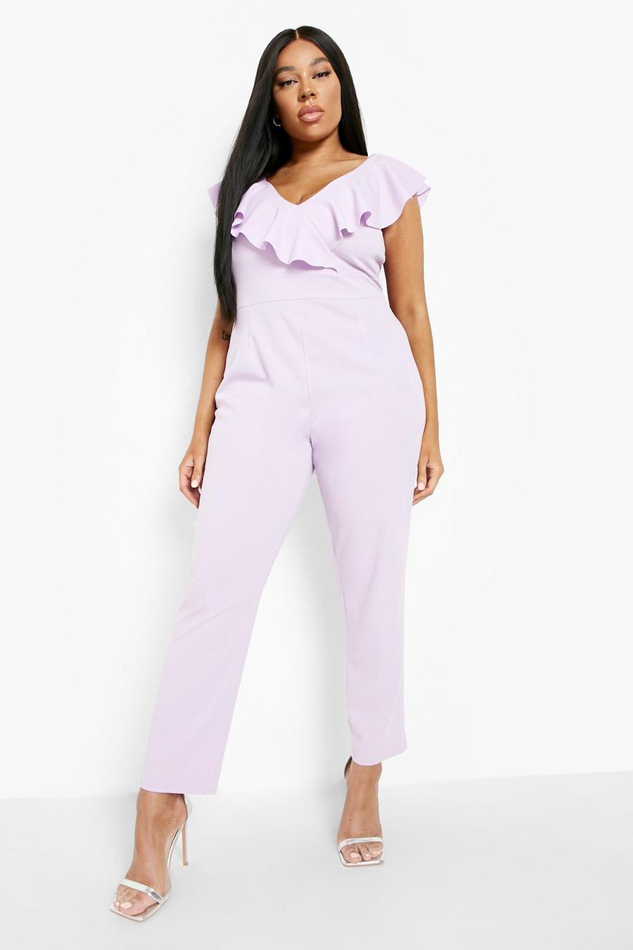 Lilac Plus Ruffle V Neck Tapered Jumpsuit image number 1