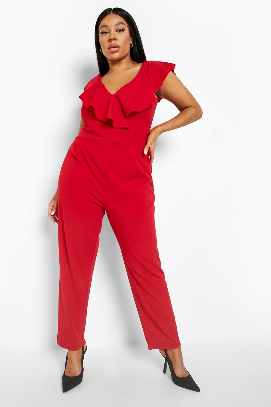 Red Plus Ruffle V Neck Tapered Jumpsuit image number 1