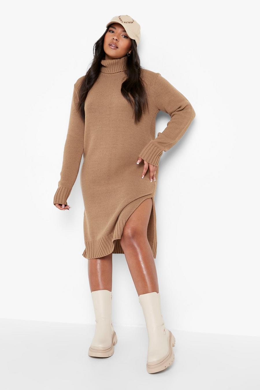 Camel beige Plus Knit Turtleneck Midi Sweater Dress