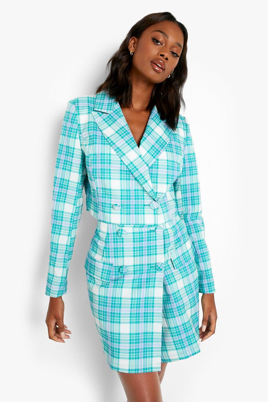 Emerald Pastel Check Cropped Tailored Blazer image number 1