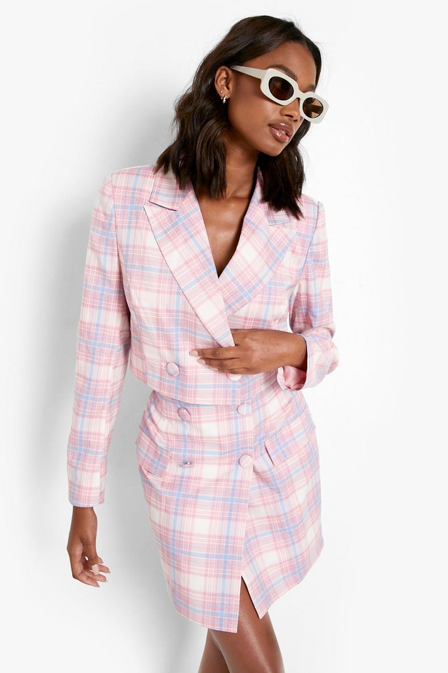Pink Pastel Flannel Cropped Tailored Blazer image number 1