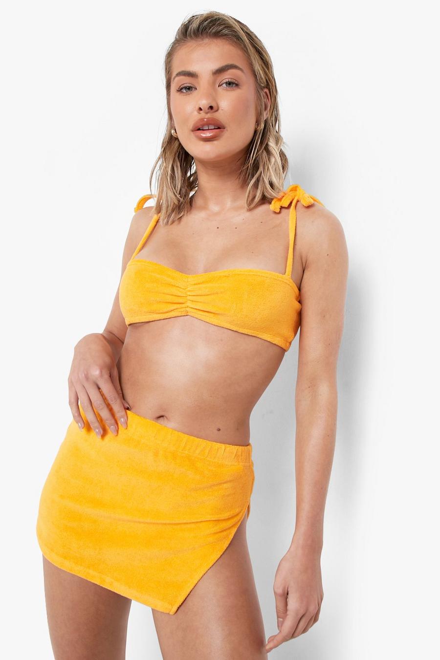 Orange Toweling Ruched Tie Shoulder Bikini Top image number 1