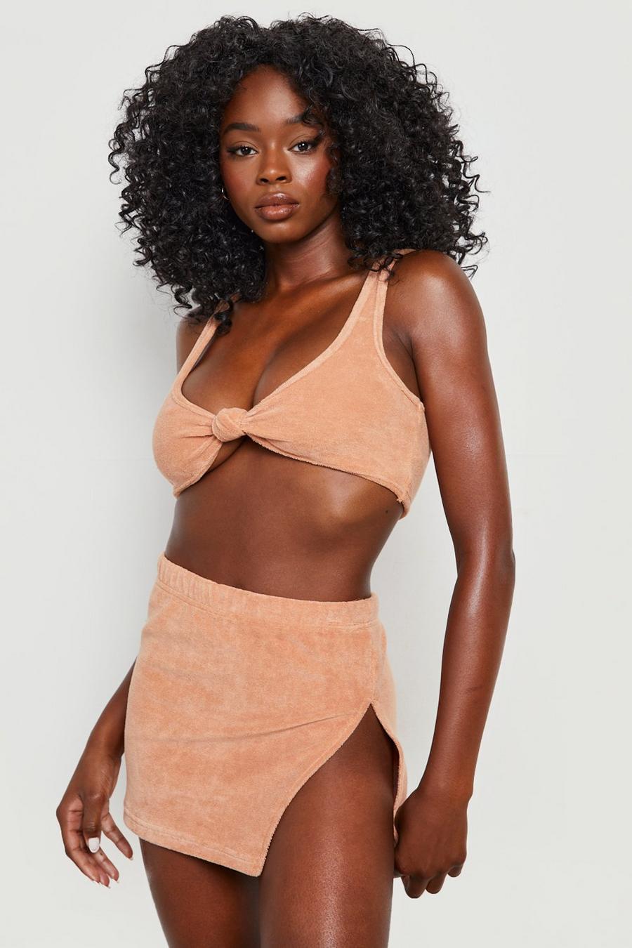 Mocha beige Towelling Split Side Mini Beach Skirt