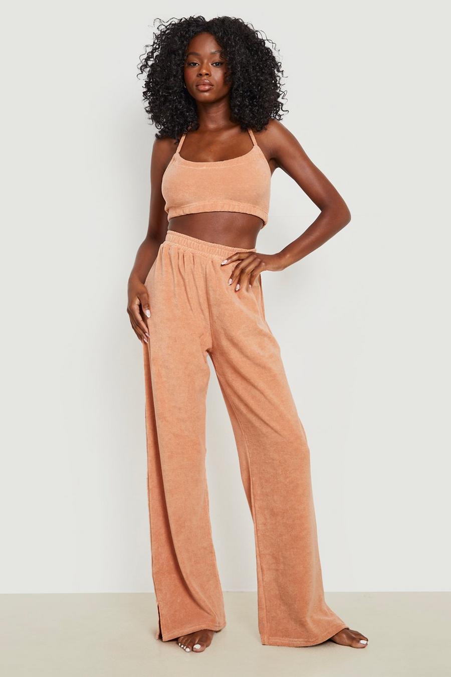 Mocha Toweling Shirred Waist Split Beach Pants image number 1