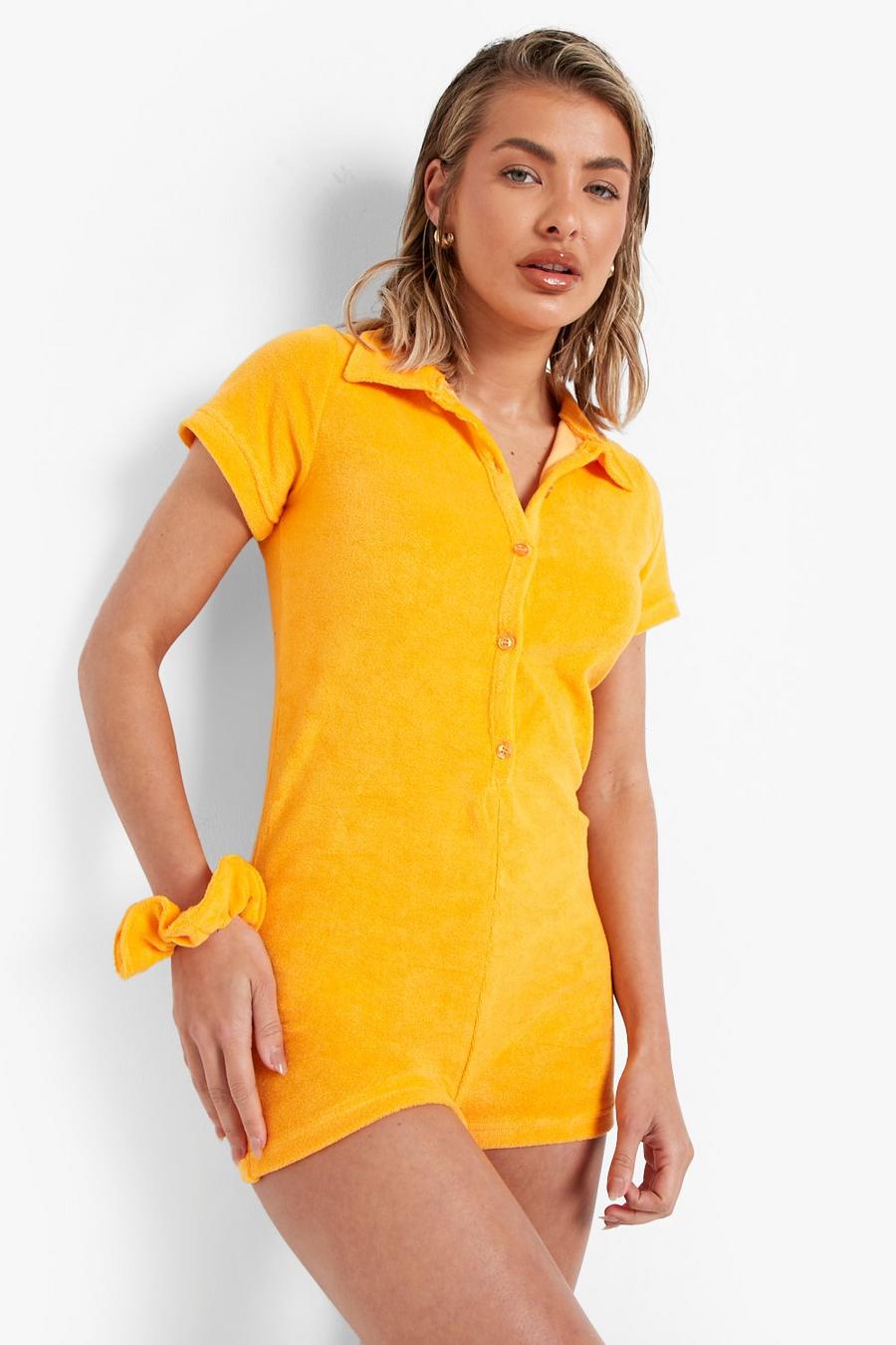 Orange Towelling Button Beach Playsuit image number 1