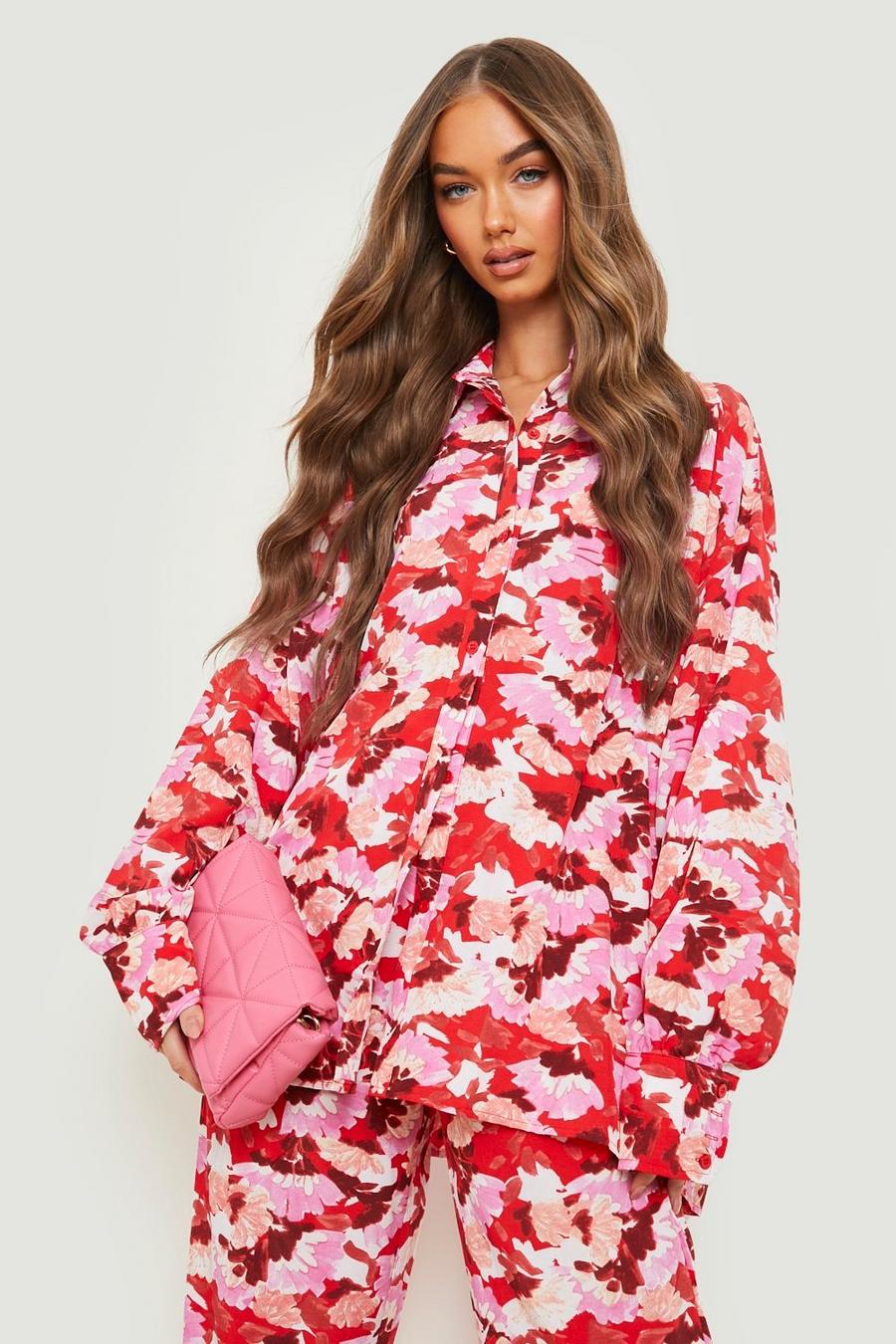 Red röd Woven Floral Print Oversized Shirt  image number 1