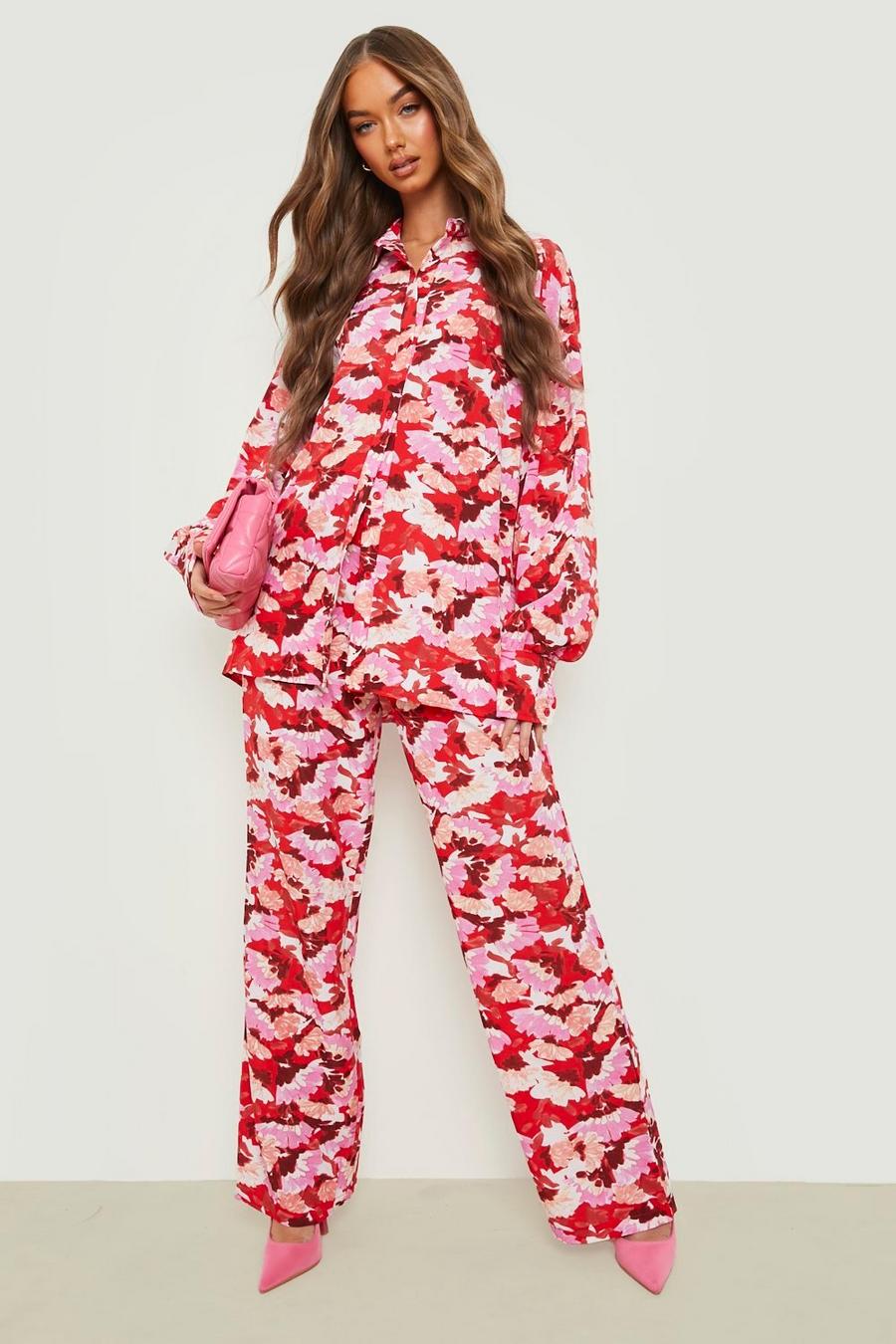 Red röd Woven Floral Print Wide Leg Trousers