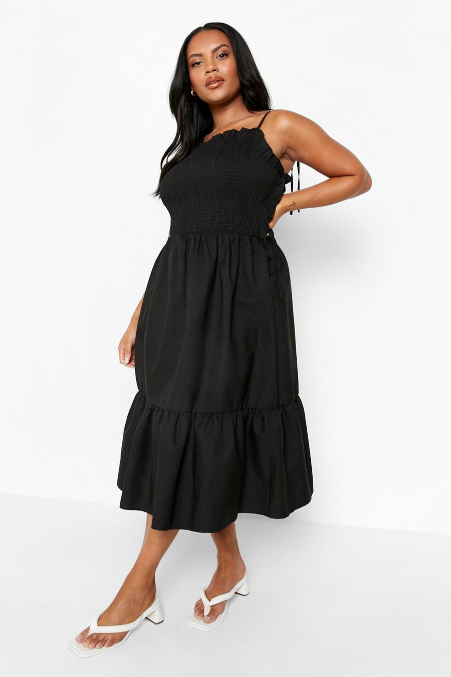 Black Plus Shirred Midi Smock Dress image number 1