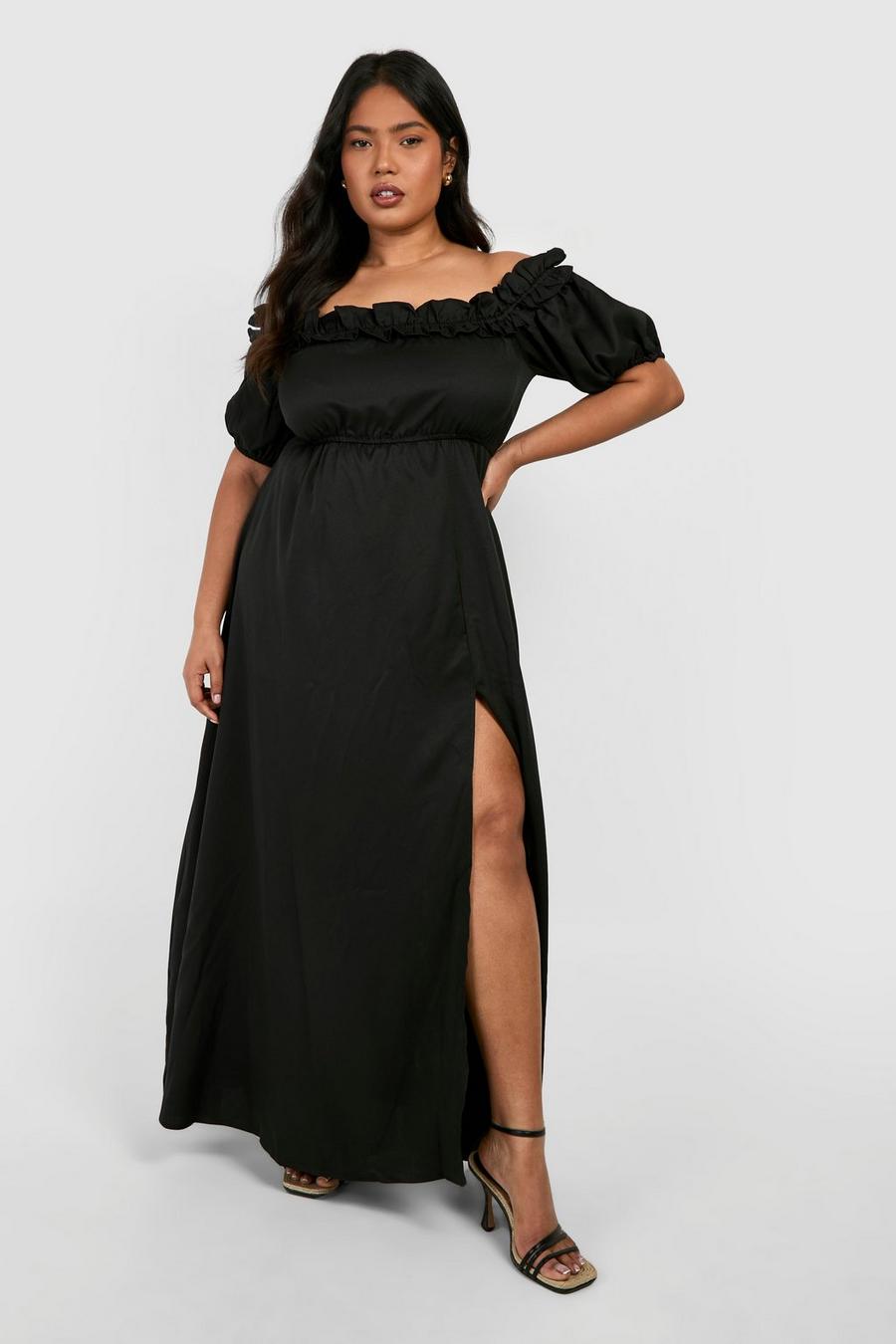 שחור שמלת מקסי עם כתפיים חשופות, שסע ומלמלה, מידות גדולות image number 1