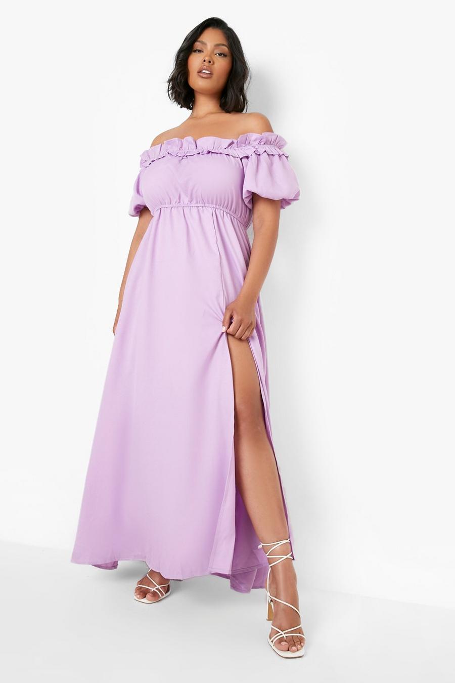Lilac Plus Off Shoulder Ruffle Split Maxi Dress image number 1