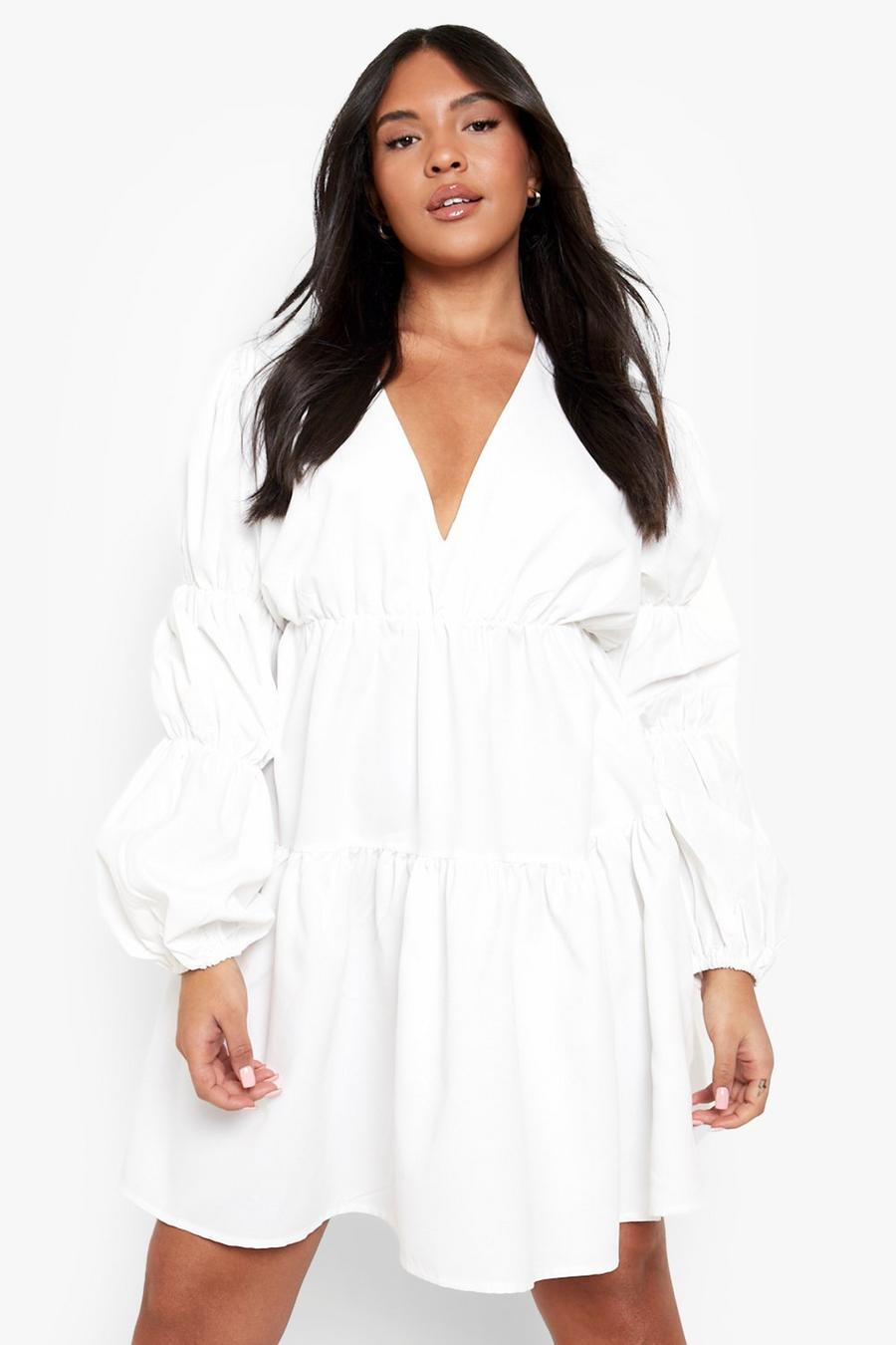 White Plus Woven Tiered V Neck Smock Dress image number 1