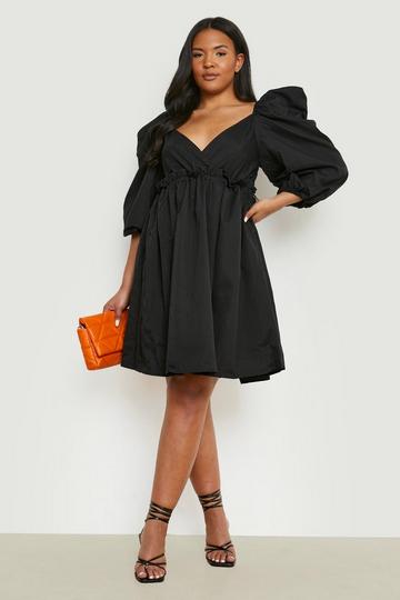 Plus Poplin Puff Sleeve V Neck Smock Dress black