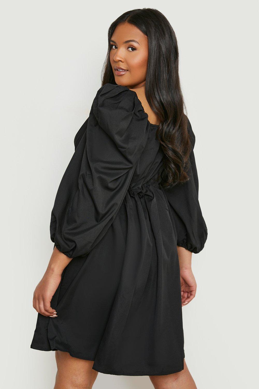 Plus Poplin Puff Sleeve V Neck Smock Dress