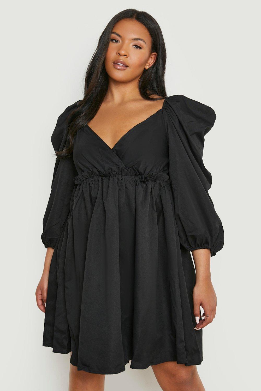 Plus Poplin Puff Sleeve V Neck Smock Dress