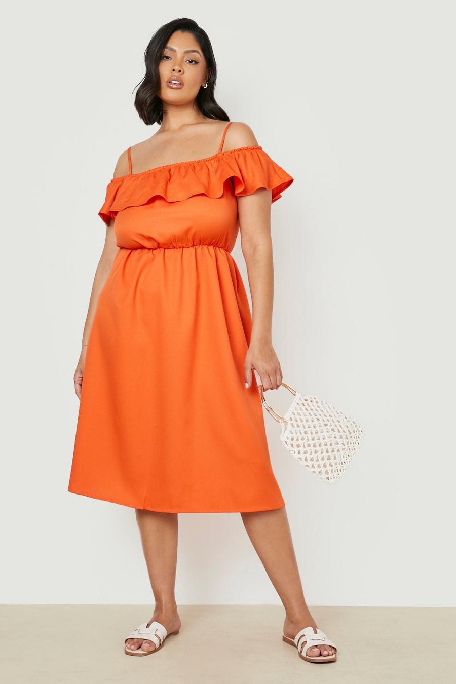 Orange Plus Woven Cold Shoulder Frill Midi Dress image number 1
