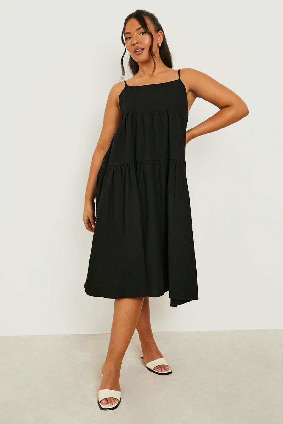 Black Plus Linen Strappy Tiered Midi Smock Dress image number 1