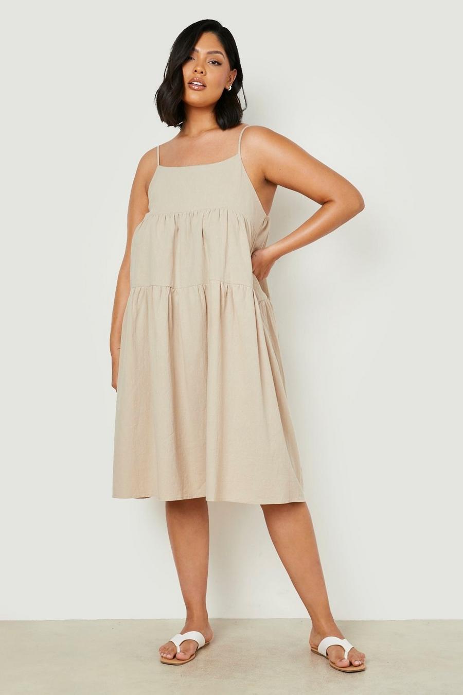 Stone Plus Linen Strappy Tiered Midi Smock Dress image number 1