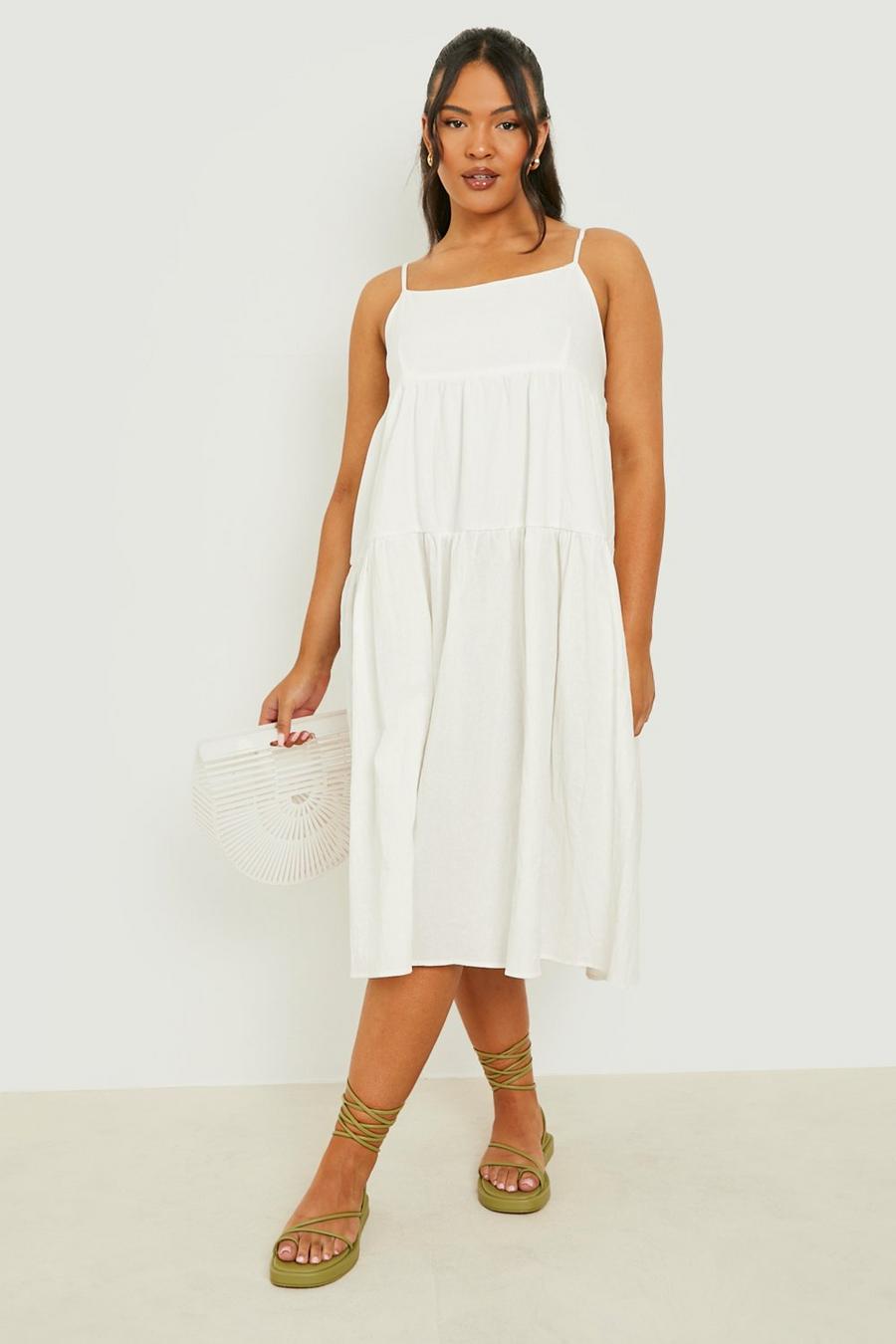 Plus gestuftes Leinen Smok-Kleid in Midi-Länge, White image number 1