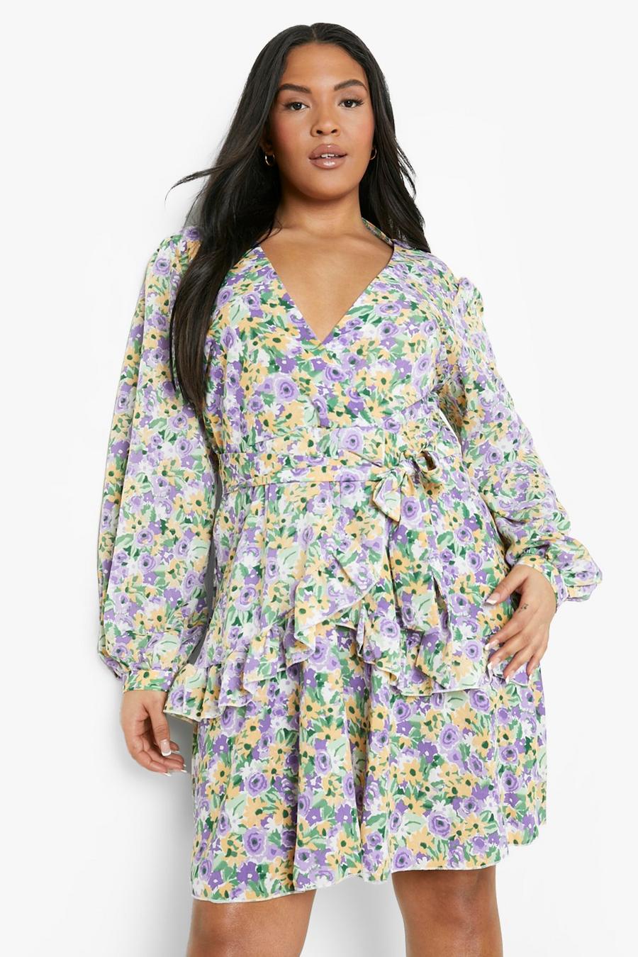 Lilac Plus Floral Ruffle Wrap Skater Dress image number 1
