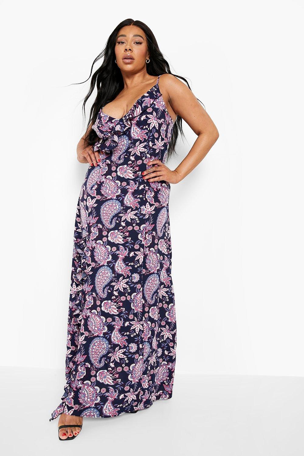 Plus Paisley Print Ruffle Split Maxi Dress boohoo IE