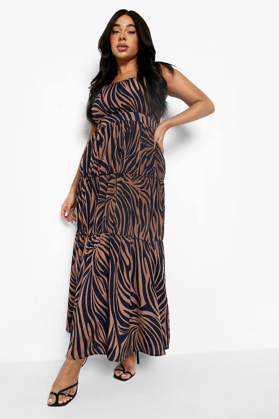 Tan brown Plus Zebra Print Tiered Maxi Dress