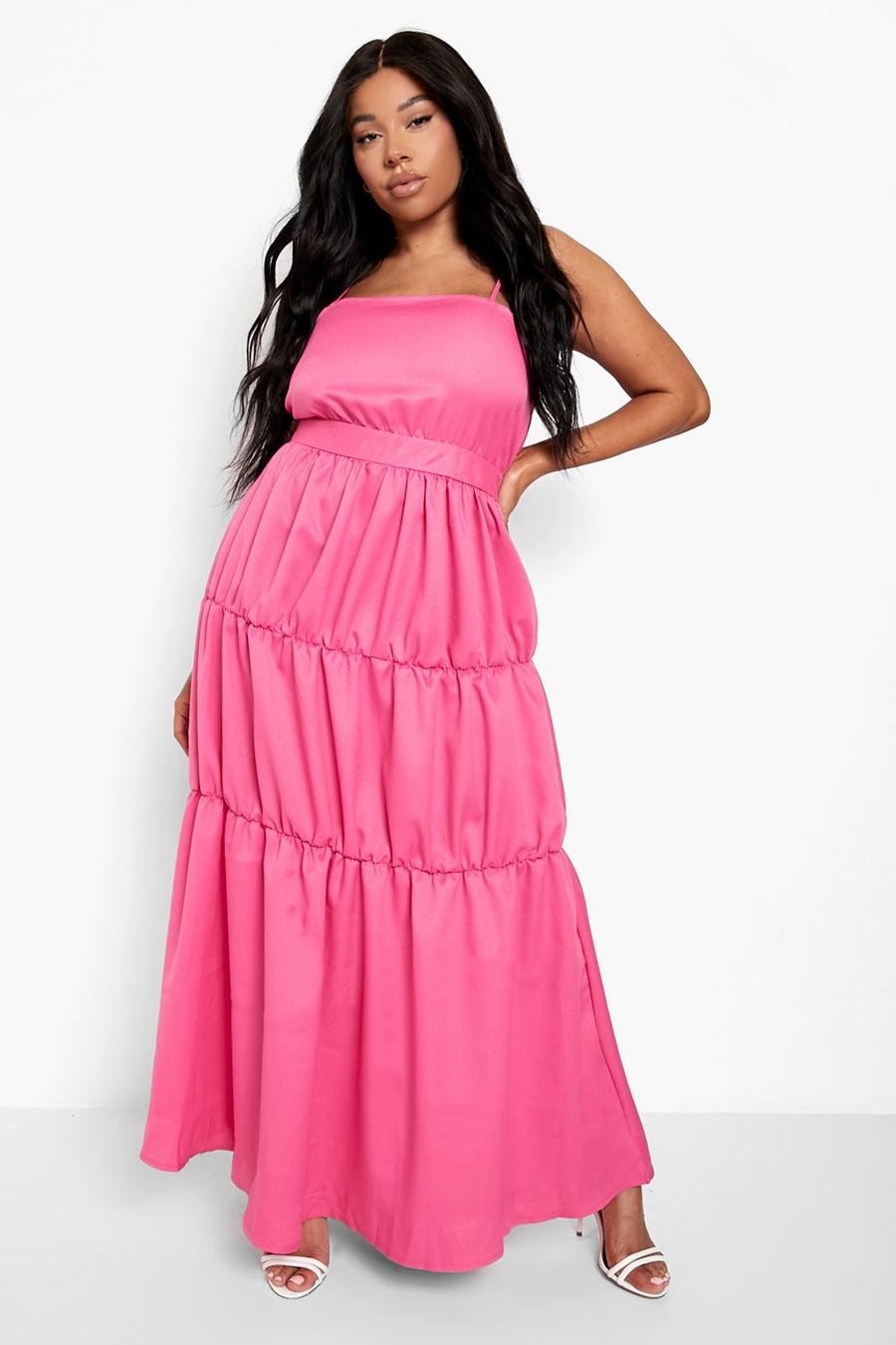 Vestito maxi Plus Size con spalline e balze, Hot pink rosa image number 1