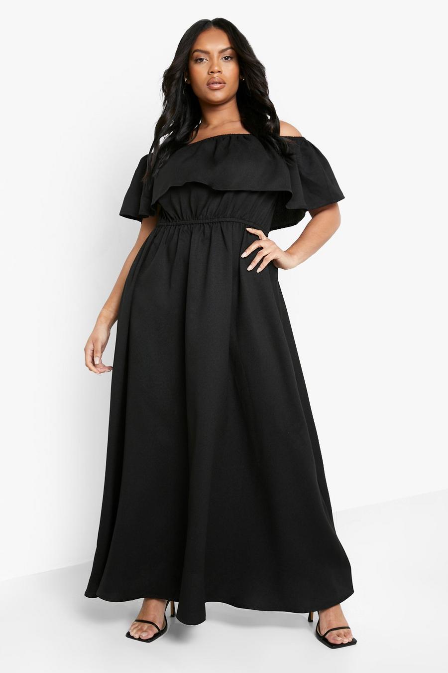 Vestito maxi Plus Size arricciato con scollo Bardot, Black image number 1