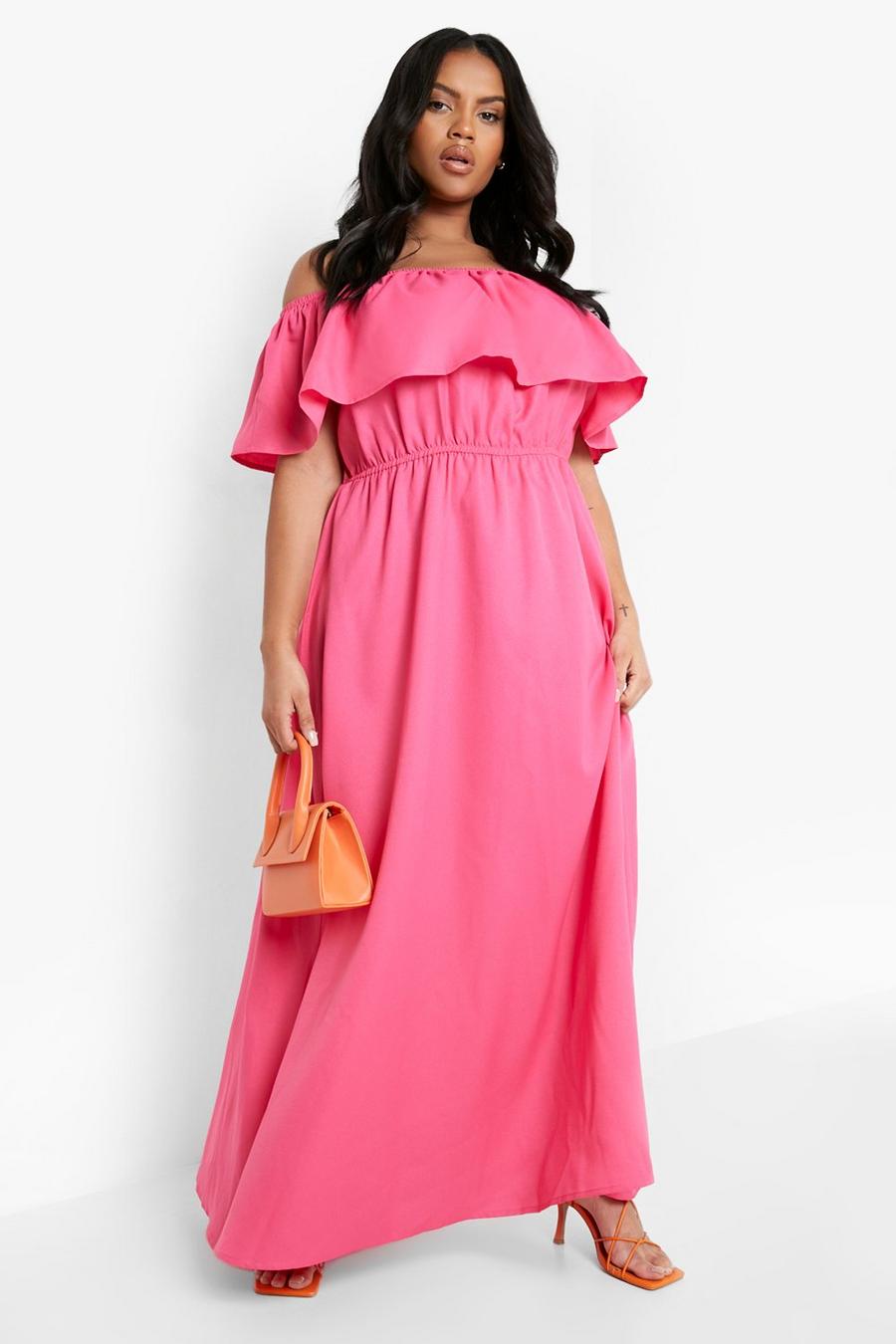 Hot pink Plus Ruffle Bardot Maxi Dress image number 1