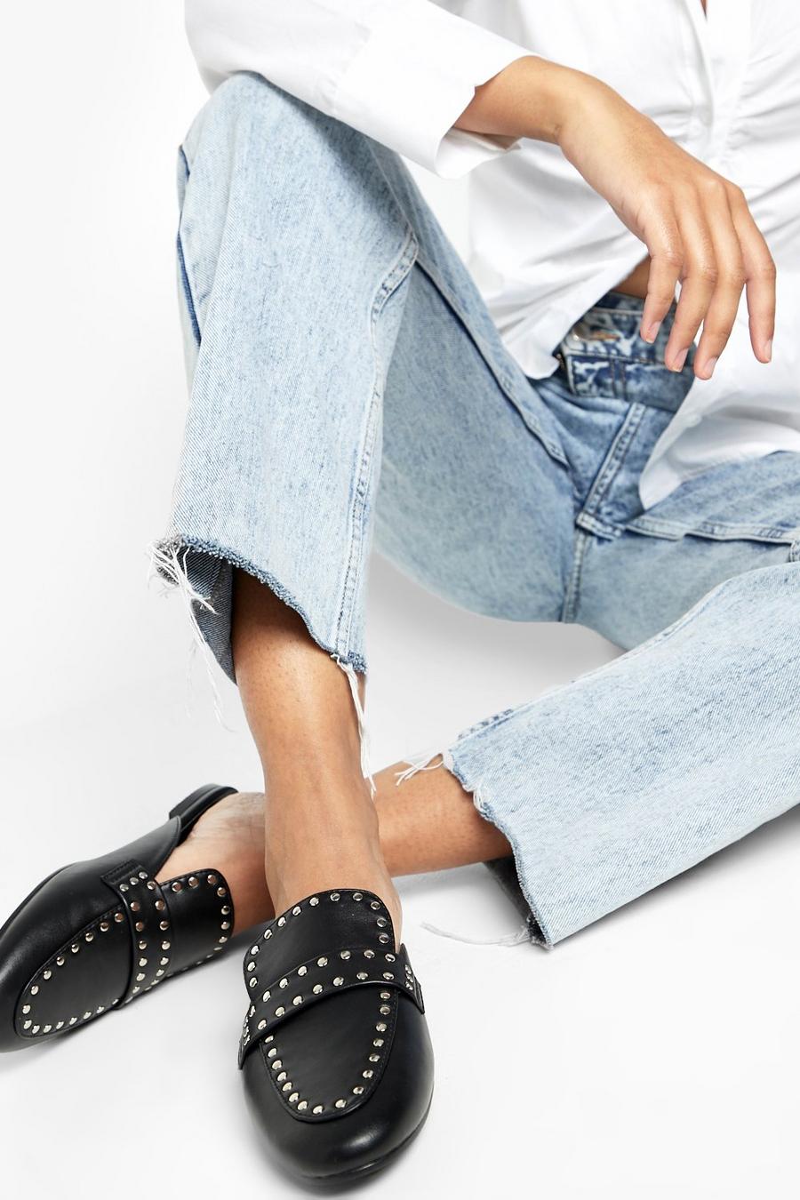 Black Round Toe Studded Detail Loafers