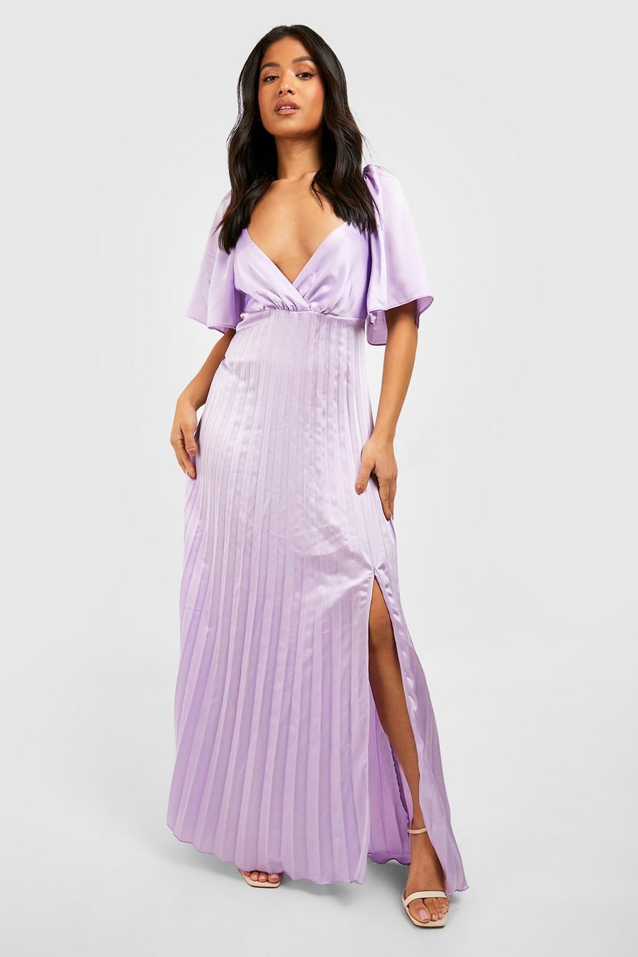 Lilac purple Petite Satin Pleat Angel Sleeve Occasion Dress