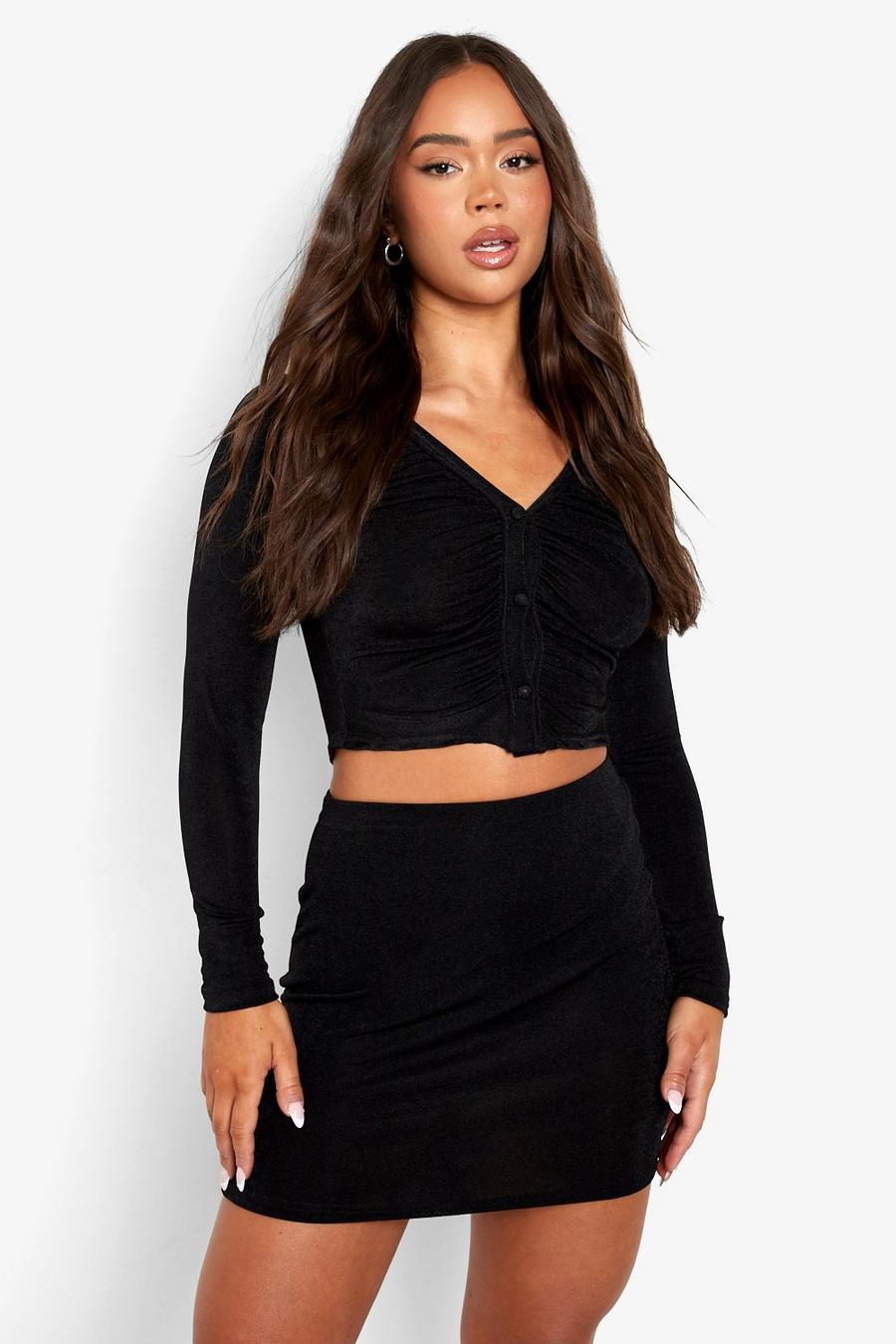 Black Textured Slinky Ruched Shirt & Mini Skirt  image number 1