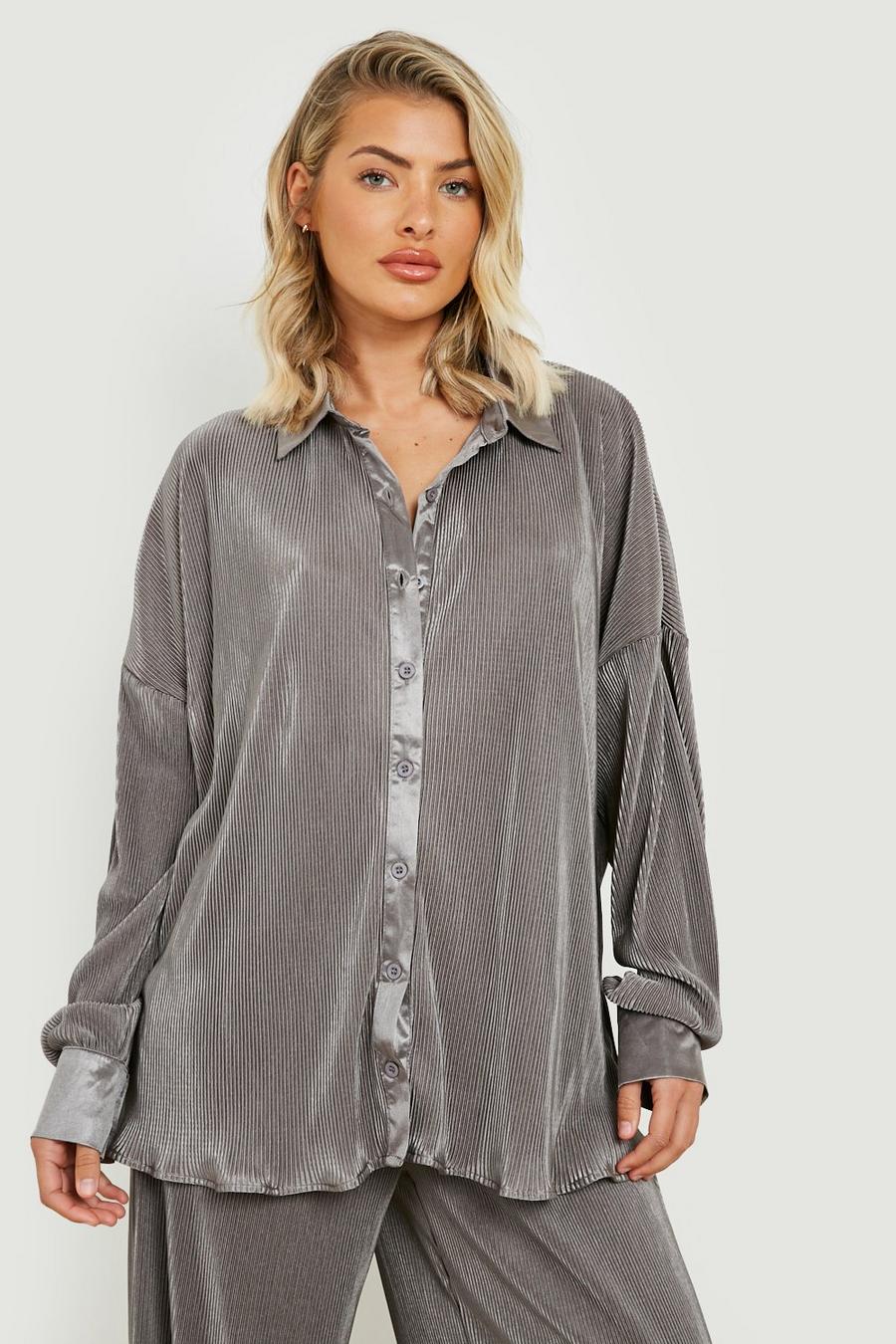 Grey Premium Plisse Oversized Shirt image number 1